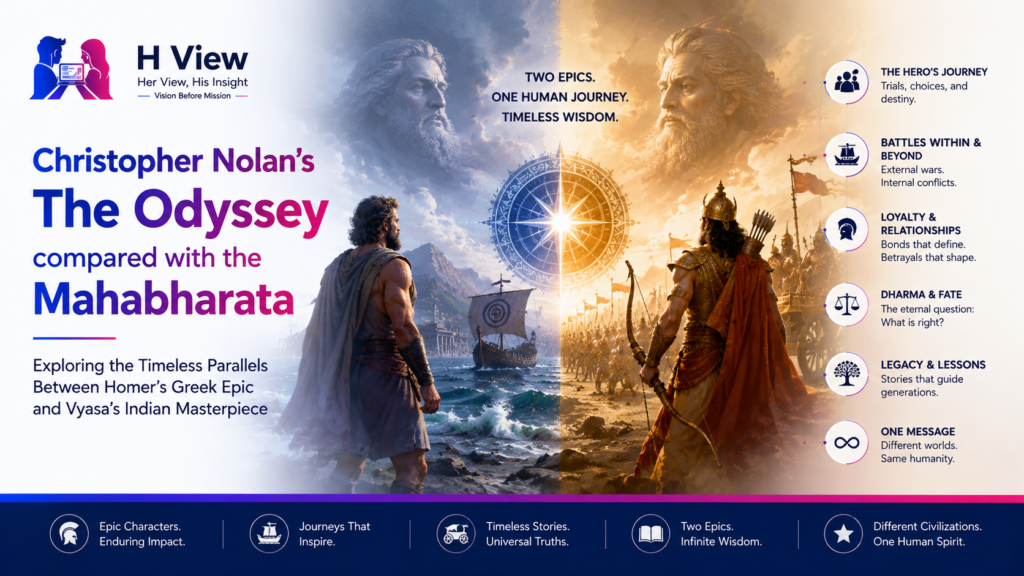 Christopher Nolan's The Odyssey compared with the Mahabharata, exploring the similarities between Homer's Greek epic and Vyasa's Indian masterpiece.