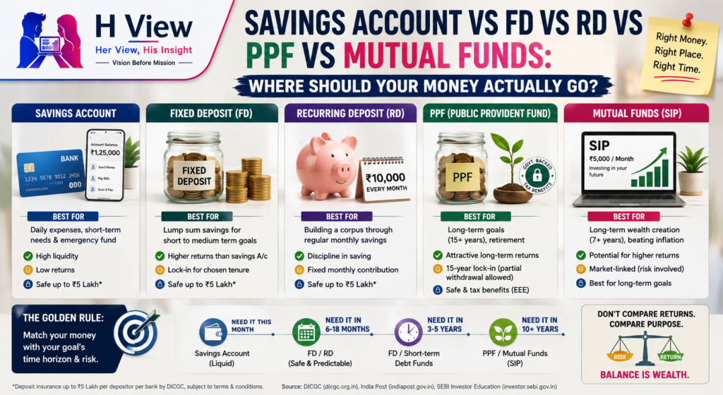 Savings Account vs FD vs RD vs PPF vs Mutual Funds: Where Should Your Money Actually Go?